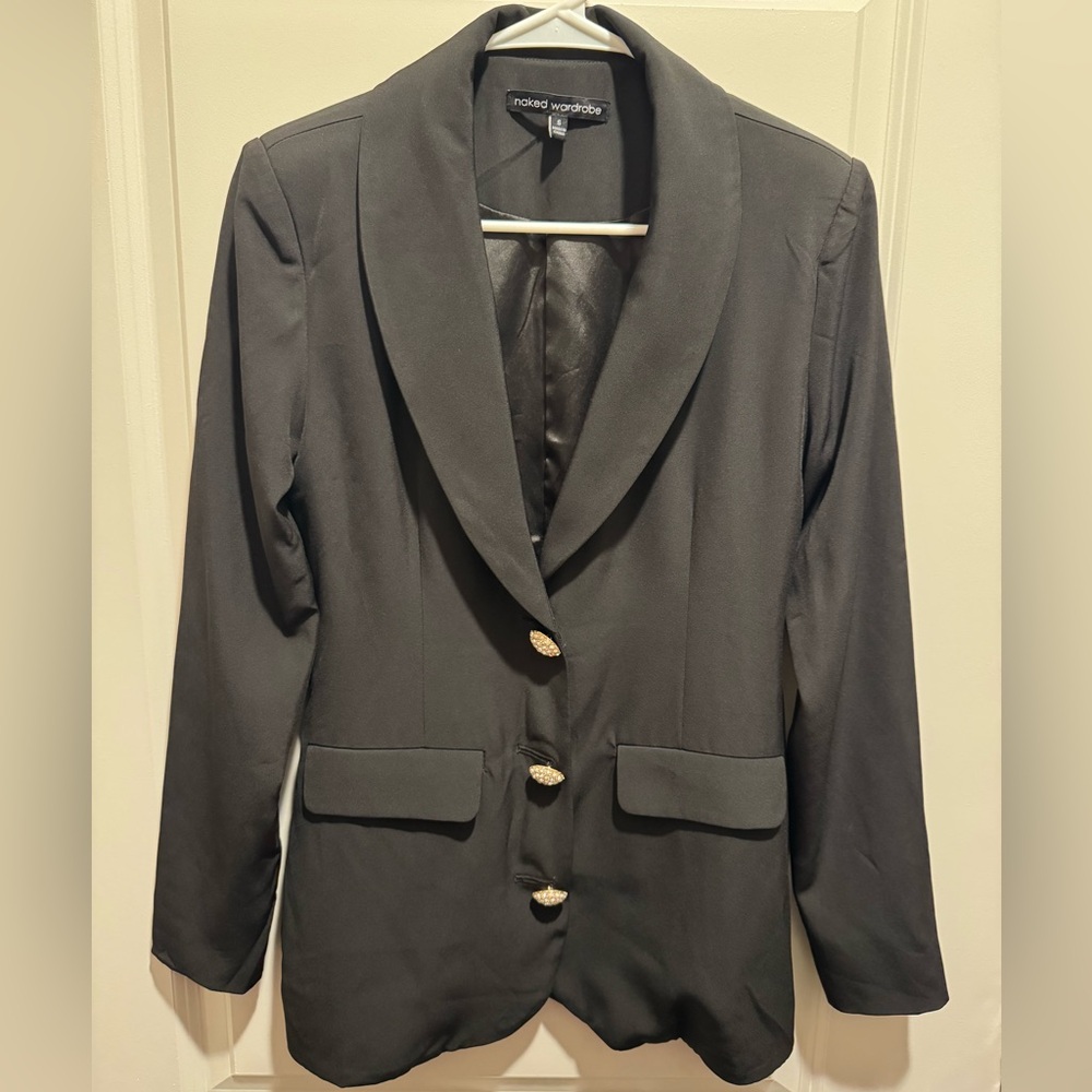 Naked Wardrobe Black Blazer with Gold Rhinestone Buttons S